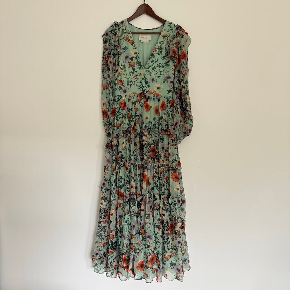 BHLDN Floral Chiffon Plunge Long-Sleeve Ruffle Maxi Dress Size US S - Picture 5 of 12